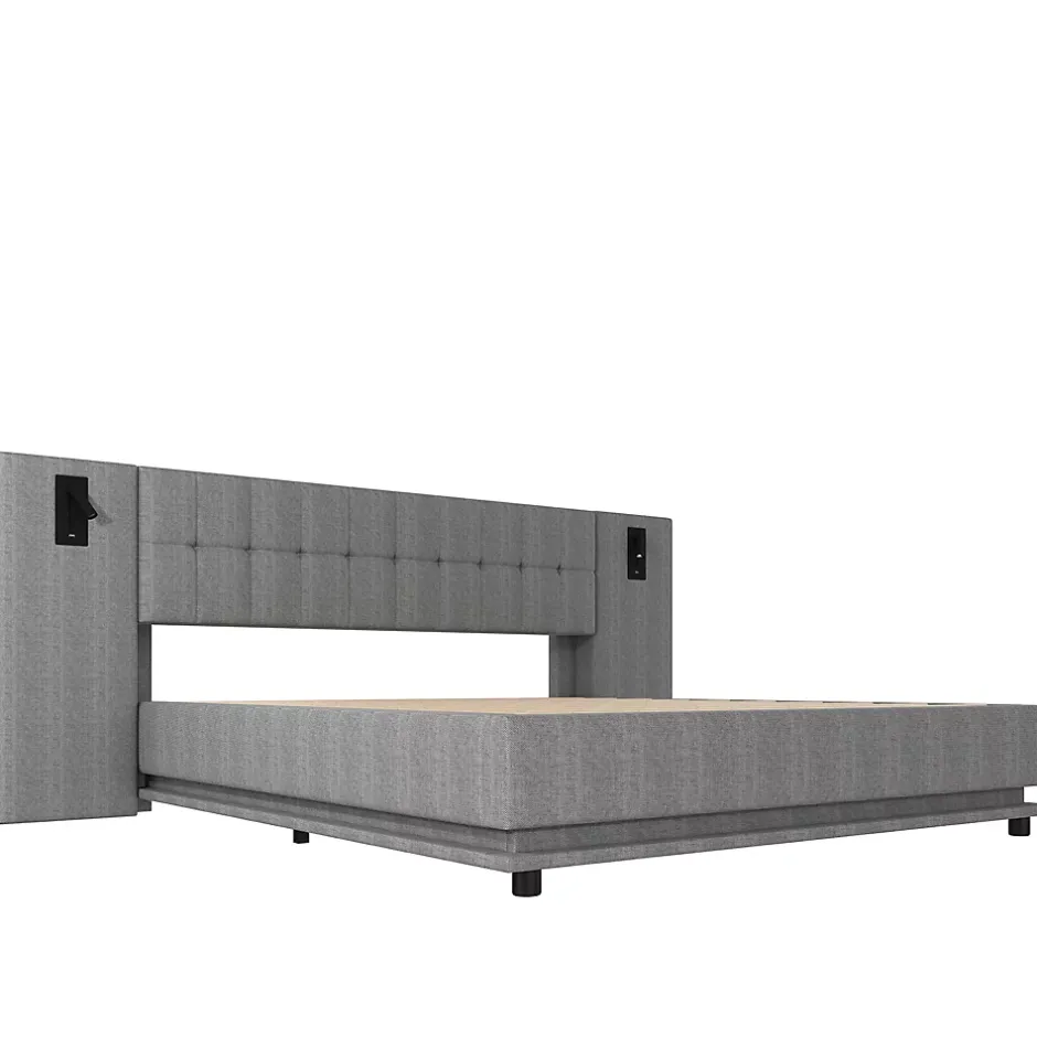 Okwish Lit Double 180x200 cm - Lit Adulte Rembourré avec Tête de Lit LED et Prise USB - Lin + MDF - Sans Matelas - Gris