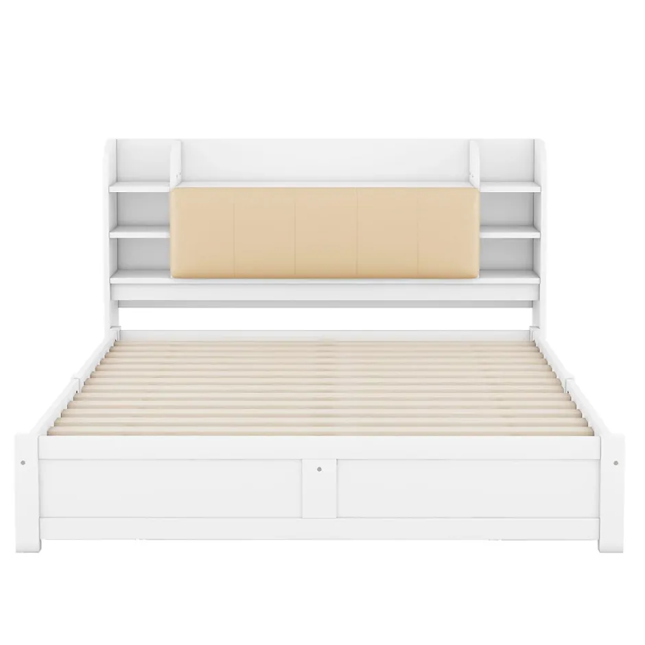 Okwish Lit Double 180x200 cm - Lit Adulte avec 4 Tiroirs et Tête Multifonctionnelle - Bois de Pin et MDF - Blanc - Sans Matelas