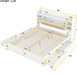 Okwish Lit Double 180x200 cm - Lit Adulte avec 4 Tiroirs et Tête Multifonctionnelle - Bois de Pin et MDF - Blanc - Sans Matelas