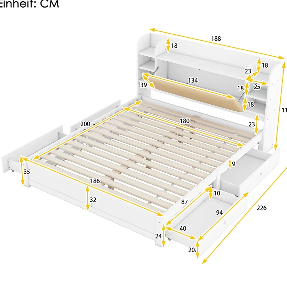 Okwish Lit Double 180x200 cm - Lit Adulte avec 4 Tiroirs et Tête Multifonctionnelle - Bois de Pin et MDF - Blanc - Sans Matelas
