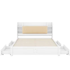 Okwish Lit Double 180x200 cm - Lit Adulte avec 4 Tiroirs et Tête Multifonctionnelle - Bois de Pin et MDF - Blanc - Sans Matelas