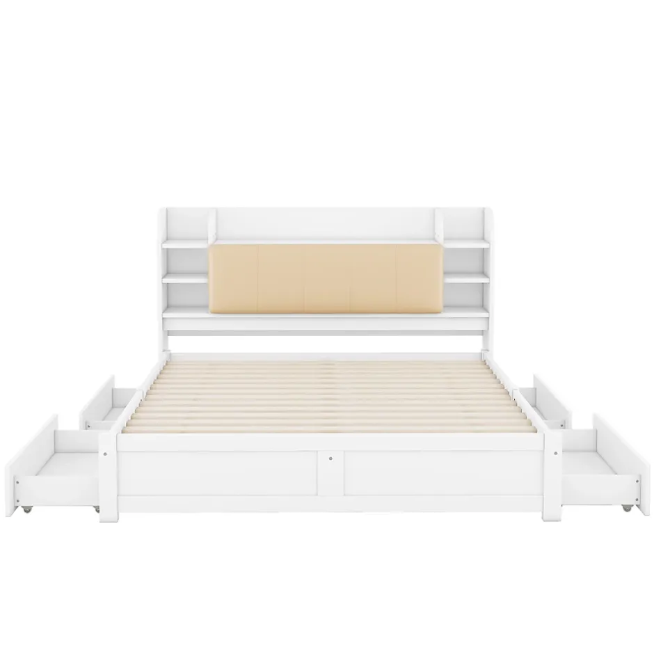 Okwish Lit Double 180x200 cm - Lit Adulte avec 4 Tiroirs et Tête Multifonctionnelle - Bois de Pin et MDF - Blanc - Sans Matelas
