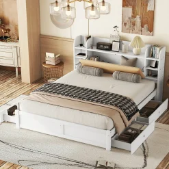 Okwish Lit Double 180x200 cm - Lit Adulte avec 4 Tiroirs et Tête Multifonctionnelle - Bois de Pin et MDF - Blanc - Sans Matelas