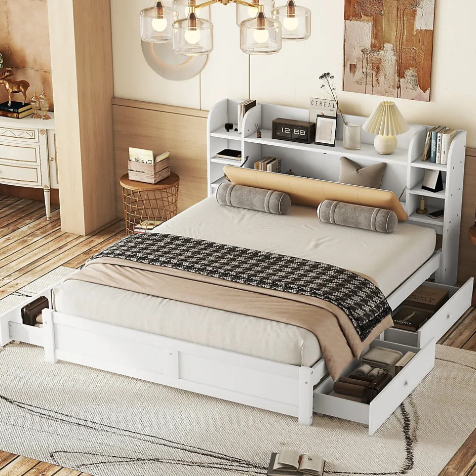 Okwish Lit Double 180x200 cm - Lit Adulte avec 4 Tiroirs et Tête Multifonctionnelle - Bois de Pin et MDF - Blanc - Sans Matelas