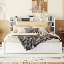 Okwish Lit Double 180x200 cm - Lit Adulte avec 4 Tiroirs et Tête Multifonctionnelle - Bois de Pin et MDF - Blanc - Sans Matelas