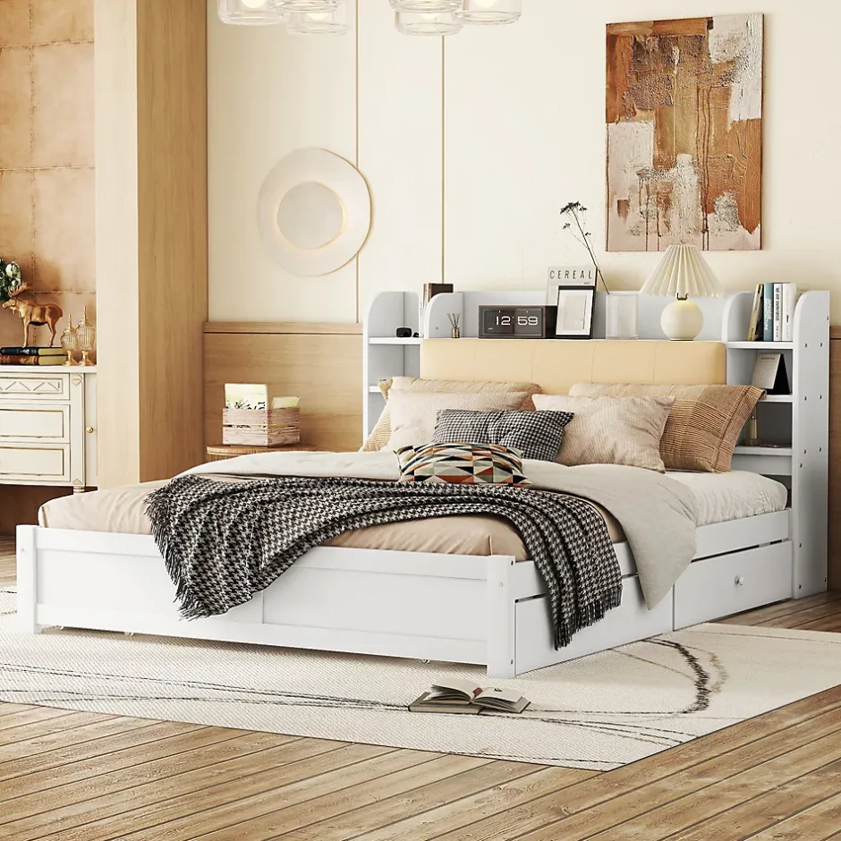 Okwish Lit Double 180x200 cm - Lit Adulte avec 4 Tiroirs et Tête Multifonctionnelle - Bois de Pin et MDF - Blanc - Sans Matelas