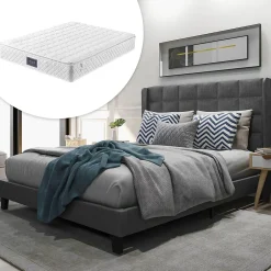 Okwish Lit double 140x200 cm - Lit adulte capitonné avec sommier à lattes - Lin - avec Matelas - Gris Sale