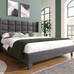 Okwish Lit double 140x200 cm - Lit adulte capitonné avec sommier à lattes - Lin - Sans Matelas - Gris