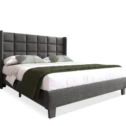 Okwish Lit double 140x200 cm - Lit adulte capitonné avec sommier à lattes - Lin - Sans Matelas - Gris