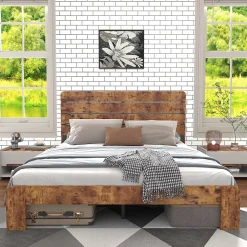 Okwish Lit Double 160x200 cm - Lit Adulte en Bois avec Cadre Métal Robuste - Style Industriel - Sans Matelas - Marron Outlet