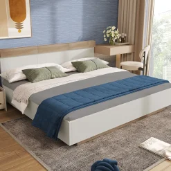 Okwish Lit double 160x200 cm - Lit adulte flottant en bois massif avec sommier à lattes - Bois massif - Sans Matelas - Naturel Outlet