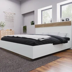 Okwish Lit double 140x200 cm - Lit adulte flottant en bois massif avec sommier à lattes - Bois massif - Sans Matelas - Naturel