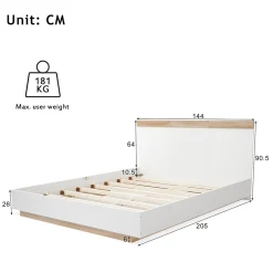 Okwish Lit double 140x200 cm - Lit adulte flottant en bois massif avec sommier à lattes - Bois massif - Sans Matelas - Naturel