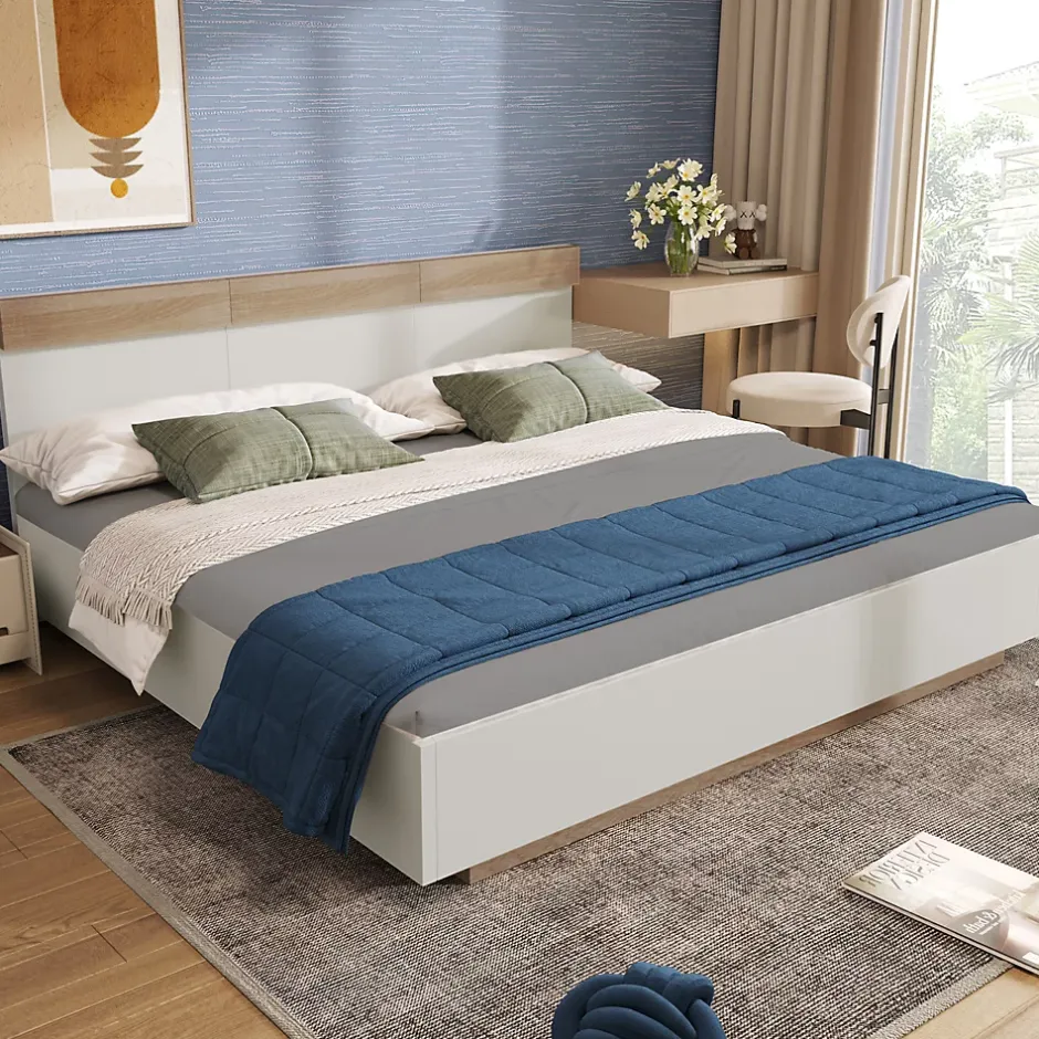 Okwish Lit double 140x200 cm - Lit adulte flottant en bois massif avec sommier à lattes - Bois massif - Sans Matelas - Naturel
