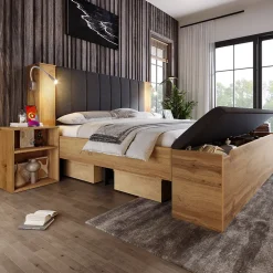 Okwish Lit Double 180x200 cm - Lit Adulte avec Tête de Lit Rabattable et Rangement - 2 Tables de Chevet et Banc - Sans Matelas - Naturel