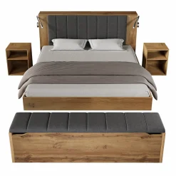Okwish Lit Double 180x200 cm - Lit Adulte avec Tête de Lit Rabattable et Rangement - 2 Tables de Chevet et Banc - Sans Matelas - Naturel