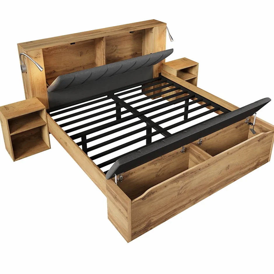 Okwish Lit Double 180x200 cm - Lit Adulte avec Tête de Lit Rabattable et Rangement - 2 Tables de Chevet et Banc - Sans Matelas - Naturel