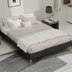 Okwish Lit Double 140x200 cm - Lit Adulte/Ado Moderne Style Minimaliste Sans Tête de Lit ni Matelas, Cadre Métal, Velours, Gris