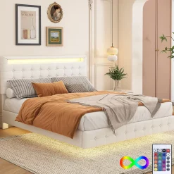 Okwish Lit double 140x200 cm - Lit adulte avec éclairage LED et tête de lit réglable - PU + MDF - Sans matelas - Blanc Sale