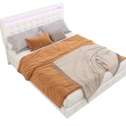 Okwish Lit double 140x200 cm - Lit adulte avec éclairage LED et tête de lit réglable - PU + MDF - Sans matelas - Blanc Sale