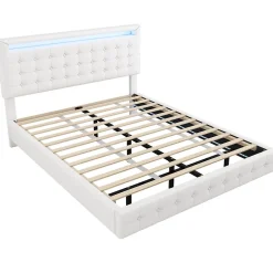 Okwish Lit double 140x200 cm - Lit adulte avec éclairage LED et tête de lit réglable - PU + MDF - Sans matelas - Blanc Sale