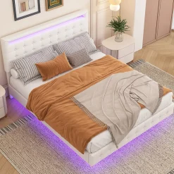 Okwish Lit double 140x200 cm - Lit adulte avec éclairage LED et tête de lit réglable - PU + MDF - Sans matelas - Blanc Sale