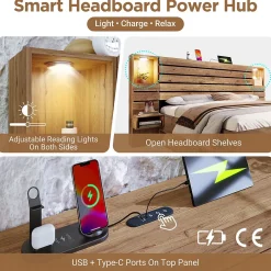 Okwish Lit Double 160x200 cm - Lit Adulte avec Rangement et Éclairage LED - Port USB et Niche Lumineuse - Sans Matelas - Bois - Chêne Outlet