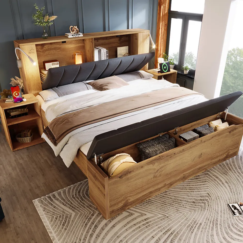Okwish Lit Double 160x200 cm - Lit Adulte avec Tête de Lit Rabattable et Rangement - 2 Tables de Chevet et Banc - Sans Matelas - Naturel