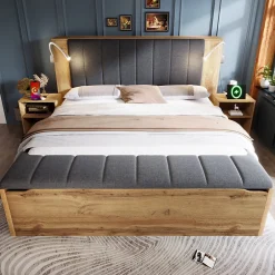 Okwish Lit Double 160x200 cm - Lit Adulte avec Tête de Lit Rabattable et Rangement - 2 Tables de Chevet et Banc - Sans Matelas - Naturel