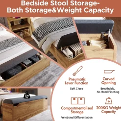 Okwish Lit Double 160x200 cm - Lit Adulte avec Tête de Lit Rabattable et Rangement - 2 Tables de Chevet et Banc - Sans Matelas - Naturel
