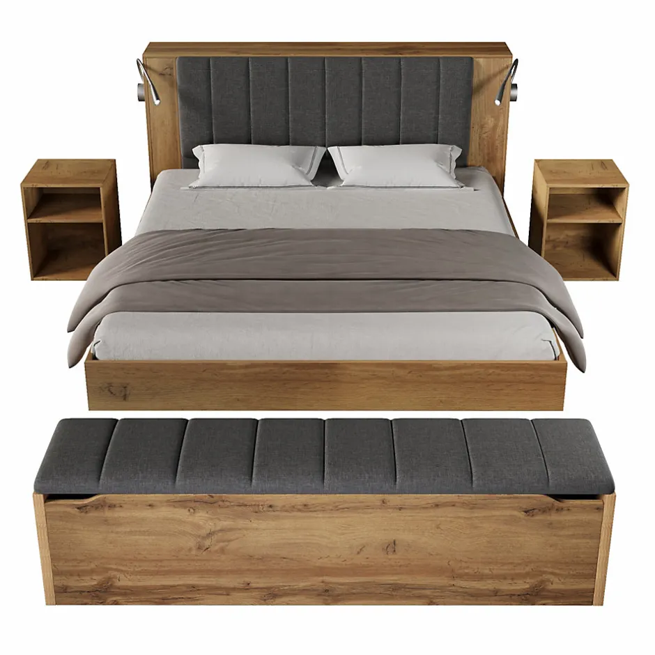 Okwish Lit Double 160x200 cm - Lit Adulte avec Tête de Lit Rabattable et Rangement - 2 Tables de Chevet et Banc - Sans Matelas - Naturel
