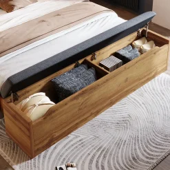 Okwish Lit Double 160x200 cm - Lit Adulte avec Tête de Lit Rabattable et Rangement - 2 Tables de Chevet et Banc - Sans Matelas - Naturel