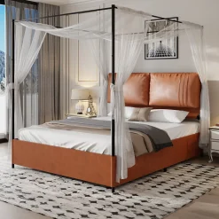 Okwish Lit Double 140x200 cm - Lit Adulte en PU avec Têtières Amovibles et Boucles Métalliques - design Moderne - Sans Matelas - Beige