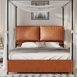 Okwish Lit Double 140x200 cm - Lit Adulte en PU avec Têtières Amovibles et Boucles Métalliques - design Moderne - Sans Matelas - Beige
