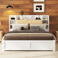 Okwish Lit Double 160x200 cm - Lit Adulte avec 4 Tiroirs et Tête Multifonctionnelle - Bois de Pin et MDF - Blanc - Sans Matelas Best