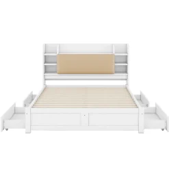 Okwish Lit Double 160x200 cm - Lit Adulte avec 4 Tiroirs et Tête Multifonctionnelle - Bois de Pin et MDF - Blanc - Sans Matelas Best