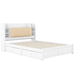 Okwish Lit Double 160x200 cm - Lit Adulte avec 4 Tiroirs et Tête Multifonctionnelle - Bois de Pin et MDF - Blanc - Sans Matelas Best