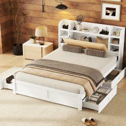 Okwish Lit Double 160x200 cm - Lit Adulte avec 4 Tiroirs et Tête Multifonctionnelle - Bois de Pin et MDF - Blanc - Sans Matelas Best
