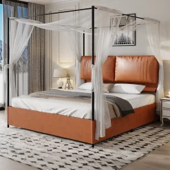 Okwish Lit Double 180x200 cm - Lit Adulte en PU avec Têtières Amovibles et Boucles Métalliques - design Moderne - Sans Matelas - Beige
