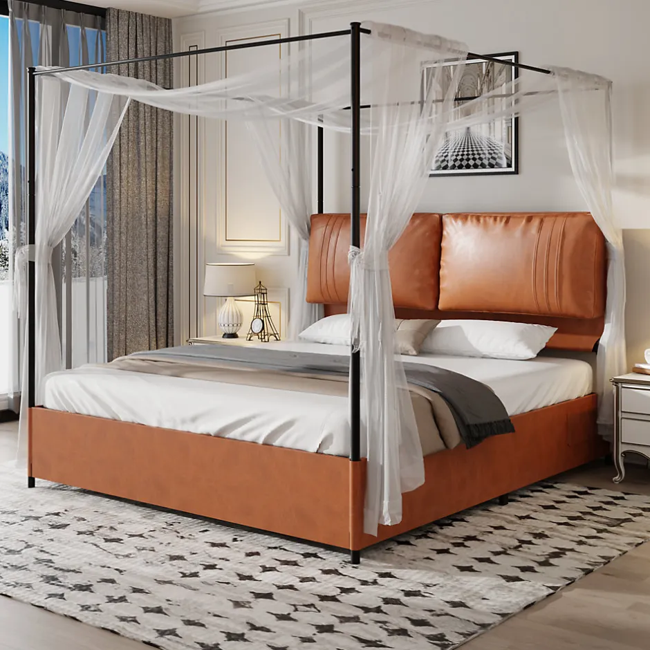 Okwish Lit Double 180x200 cm - Lit Adulte en PU avec Têtières Amovibles et Boucles Métalliques - design Moderne - Sans Matelas - Beige