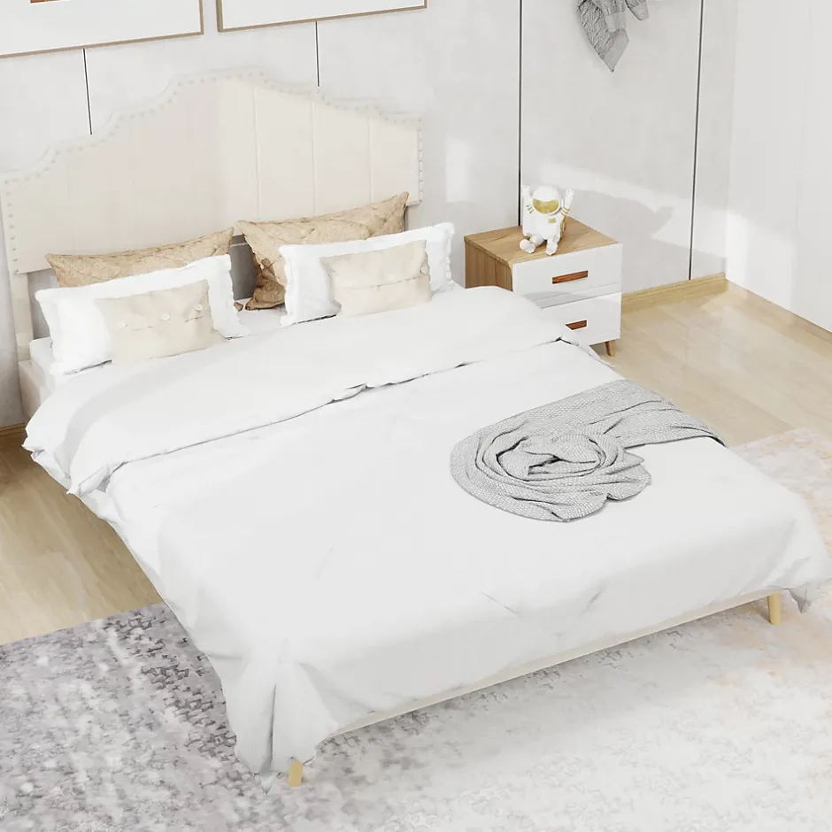 Okwish Lit Double 160x200 cm - Lit Adulte Style Moderne avec Tête de Lit Confortable, en Tissu Beige, Sans Matelas