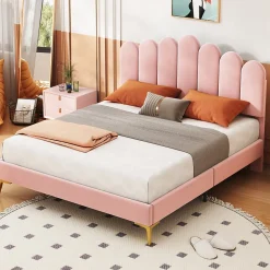 Okwish Lit Double 140x200 cm - Lit avec Tête de Lit et Sommier À Lattes, Sans Matelas, en Velours Rose