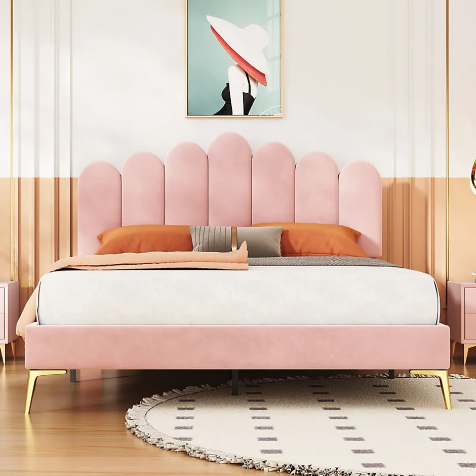 Okwish Lit Double 140x200 cm - Lit avec Tête de Lit et Sommier À Lattes, Sans Matelas, en Velours Rose