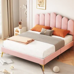 Okwish Lit Double 140x200 cm - Lit avec Tête de Lit et Sommier À Lattes, Sans Matelas, en Velours Rose