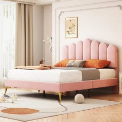 Okwish Lit Double 140x200 cm - Lit avec Tête de Lit et Sommier À Lattes, Sans Matelas, en Velours Rose