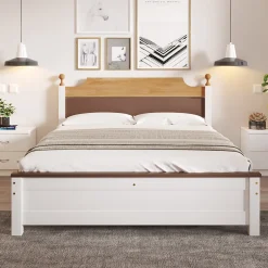 Okwish Lit double 140x200 cm - Lit avec tête et pied de lit - Pin + MDF - Sans matelas - Blanc