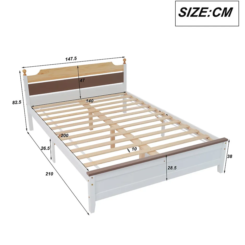 Okwish Lit double 140x200 cm - Lit avec tête et pied de lit - Pin + MDF - Sans matelas - Blanc