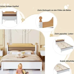 Okwish Lit double 140x200 cm - Lit avec tête et pied de lit - Pin + MDF - Sans matelas - Blanc