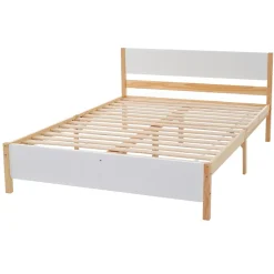 Okwish Lit double 140x200 cm - Lit avec tête et pied de lit - Pin + MDF - Sans matelas - Blanc + Naturel New