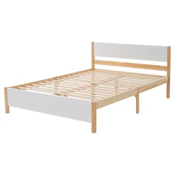 Okwish Lit double 140x200 cm - Lit avec tête et pied de lit - Pin + MDF - Sans matelas - Blanc + Naturel New